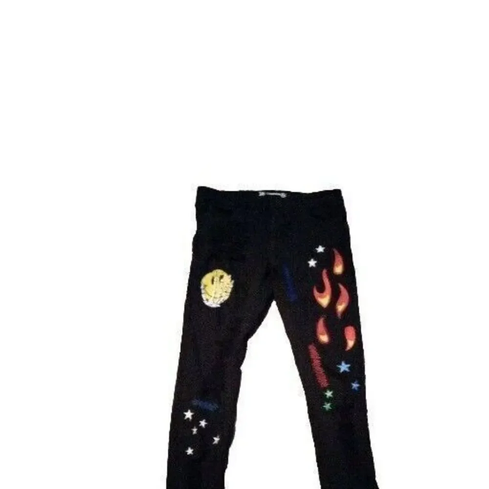 Cynicism Jeans Black Denim Distressed Graphic Print Stars Flames Size 38‎